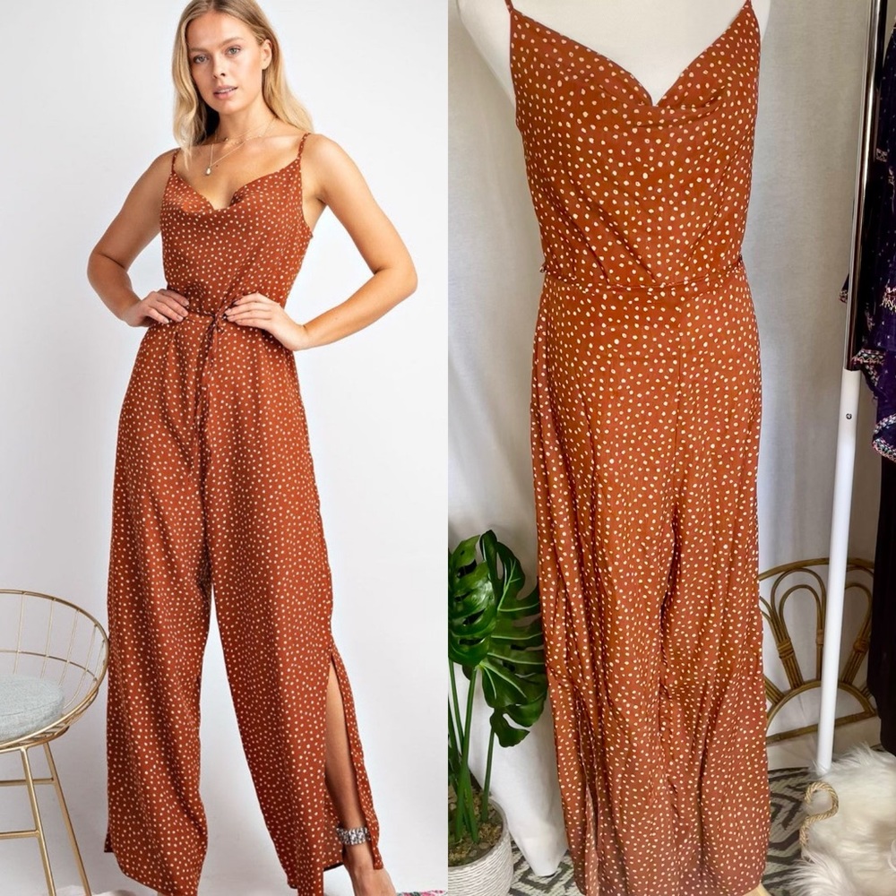 EASEL Rust + Cream Polka Dot Jumpsuit